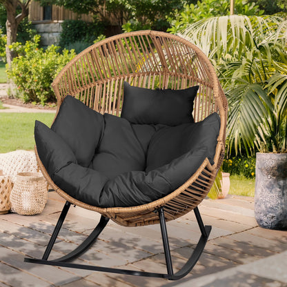 Walsunny Egg Chairs Outdoor Patio Wicker Oversized Egg Shell Lounger Lawn Chair with Cushion for Indoor Outside Porch Balcony Backyard, Original Wood Color Rattan Beige Cushion