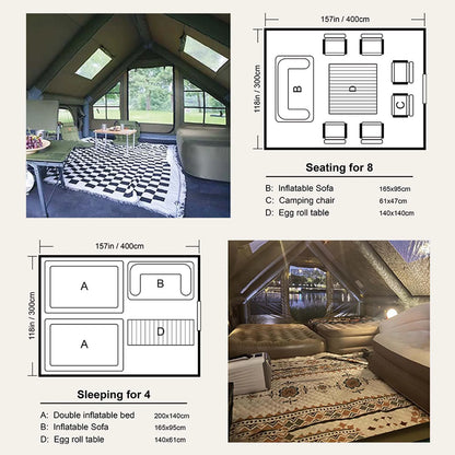 9.8' x 7' Inflatable Camping Tent,4 Season Blow up Tents for Camping, 4-6 Person Inflatable Tent with Stove Jack,Air Tents,Glamping Tent,Waterproof Luxury House with Mesh Window