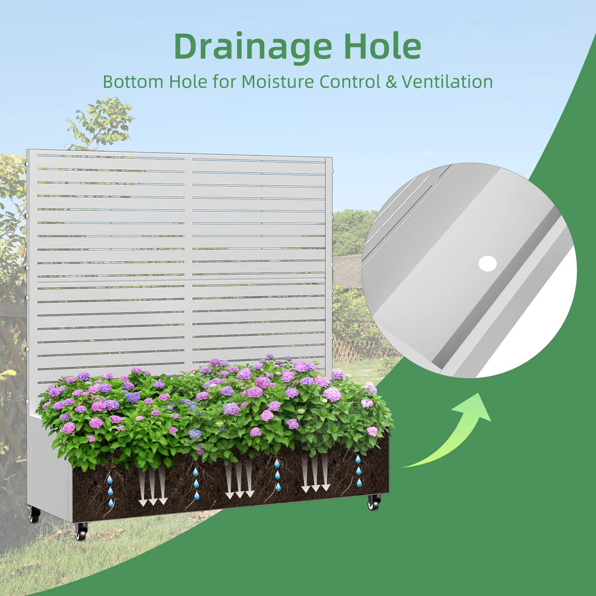 MAYEERTY 47*16*47"Outdoor White Metal Planter with Rect Louvered Climbing Trellis, Drainage hole & Wheels