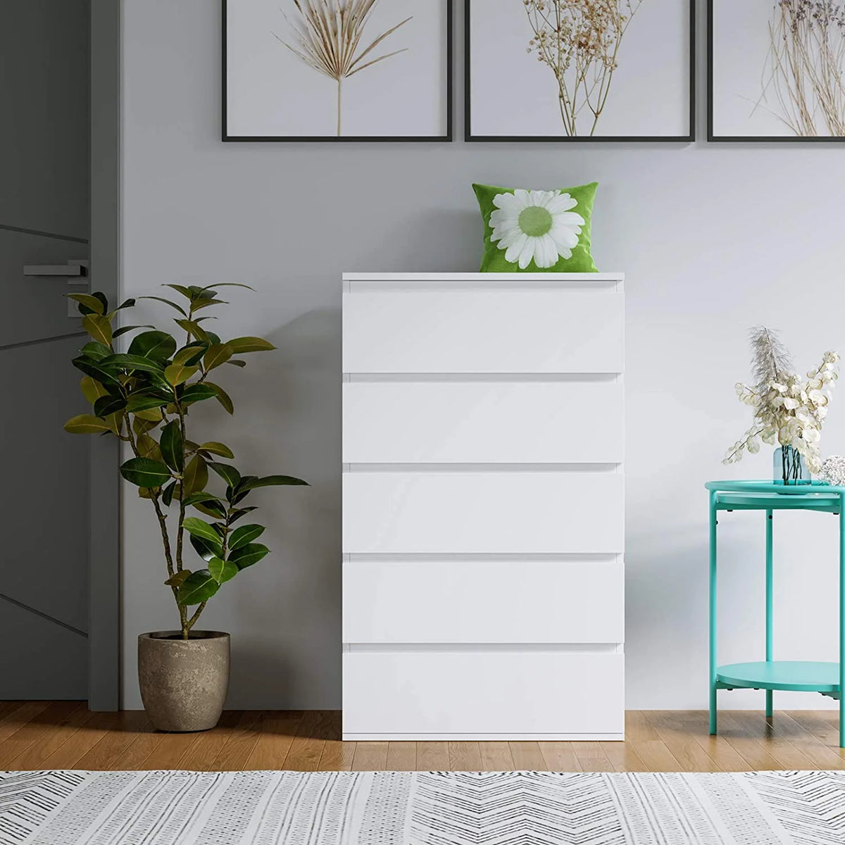 Homfa 5 Drawer White Dresser, Modern Storage Cabinet for Bedroom,Tall Chest of Drawers for Living Room