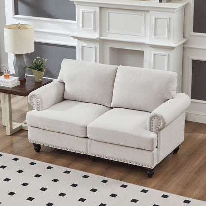 2 Piece Living Room Sofa Set, Modern Leather 3 Seater and Loveseat Sofa with Storage Seats and Rolled Nails Arms for Living Room, Brown