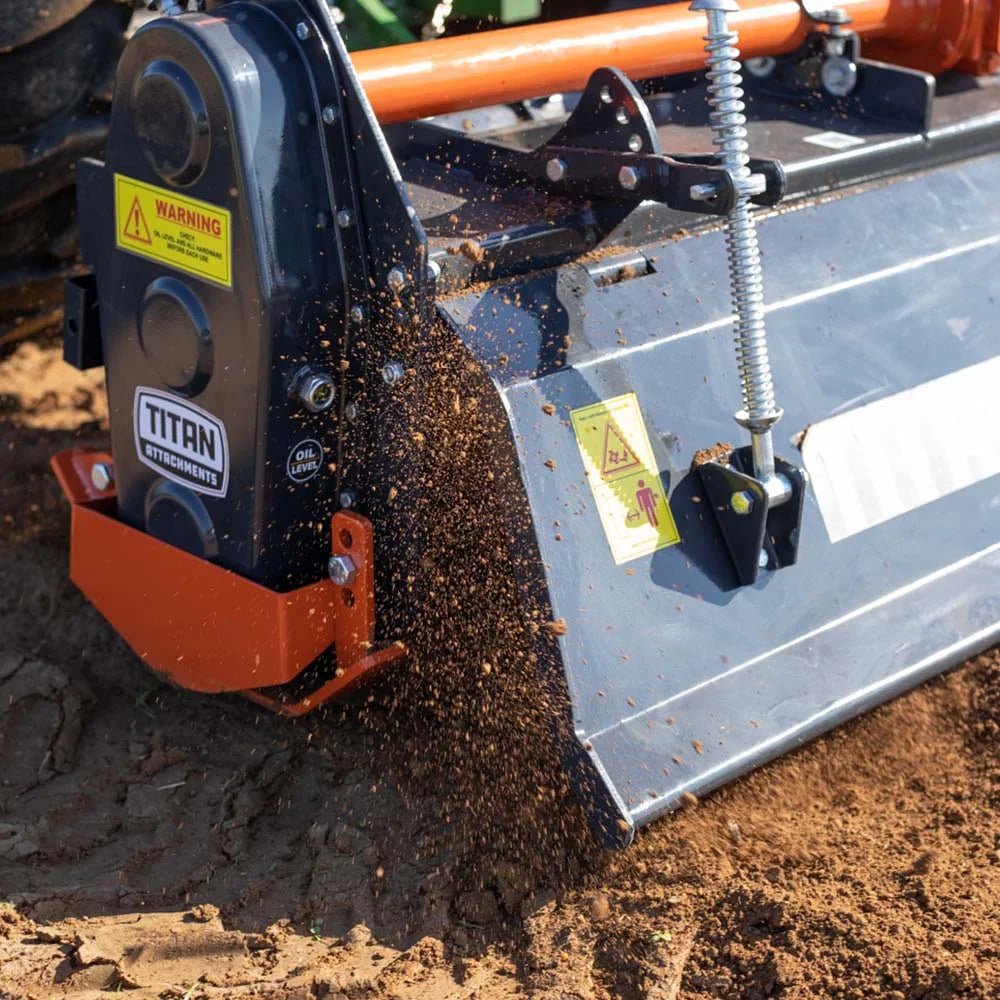 Titan Attachments 72n PTO Driven Rotary Tiller, Category 1, 3 Point Hitch, Single Speed Gear Drive, L-Shaped Tines Work 5in Deep