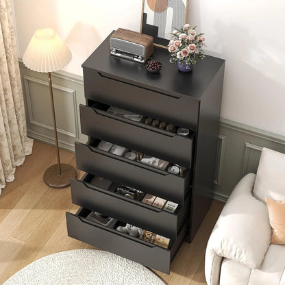 Winkalon Vertical 5 Drawer Dresser, Wood Storage Cabinet with Upgraded Stable Base for Bedroom Living Room, Black