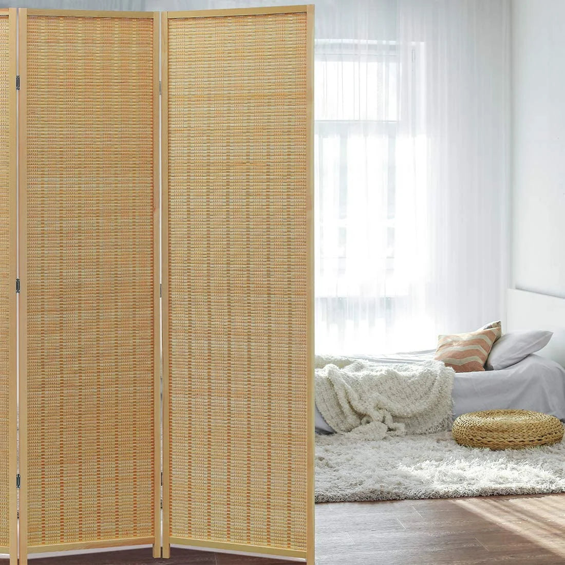 JOSTYLE 4-Panel Room Divider 6ft Tall Extra Wide Folding Privacy Screen with Diamond Double-Weave Divider for Room Separation Freestanding Red Brown