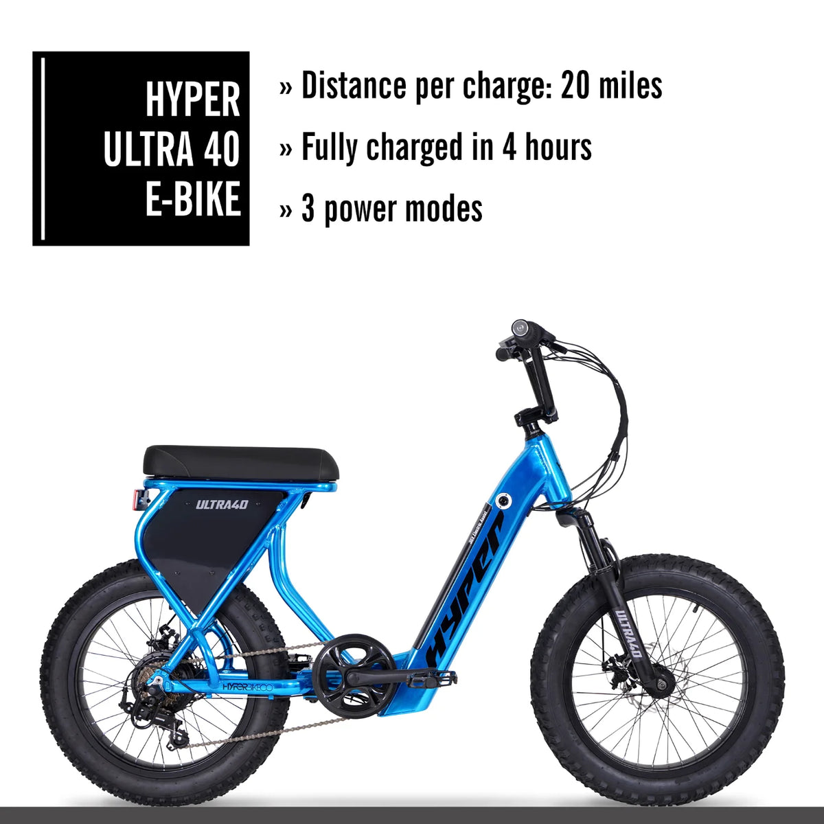 Hyper Bicycles Ultra 40 20" 36V Electric Bike for Adults, 250W E-Bike Motor, Matte Black