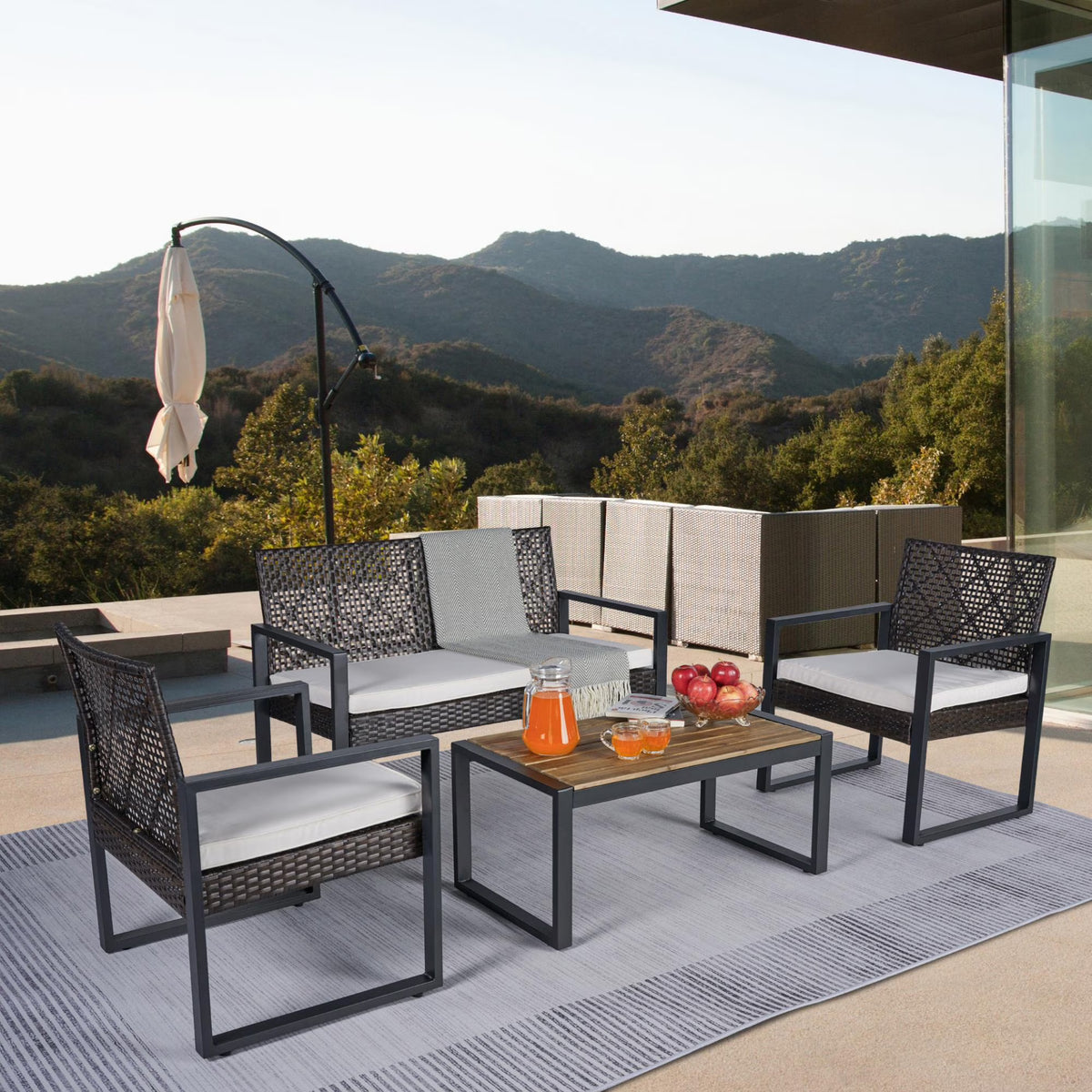 Heavy-duty Patio Furniture Set, 4 Piece Outdoor Sectional Conversation Sets, BrownPE Rattan Patio Sofa Set with Blue Cushions