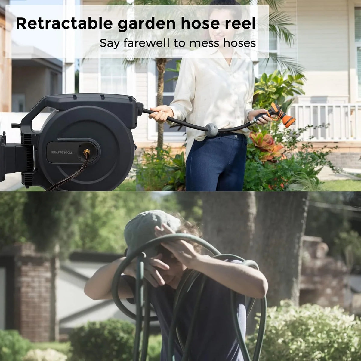 Giraffe Tools Retractable Garden Hose Reel with 1/2in-100ft Water Hose, Plastic Bracket, Wall Mounted, Dark Grey