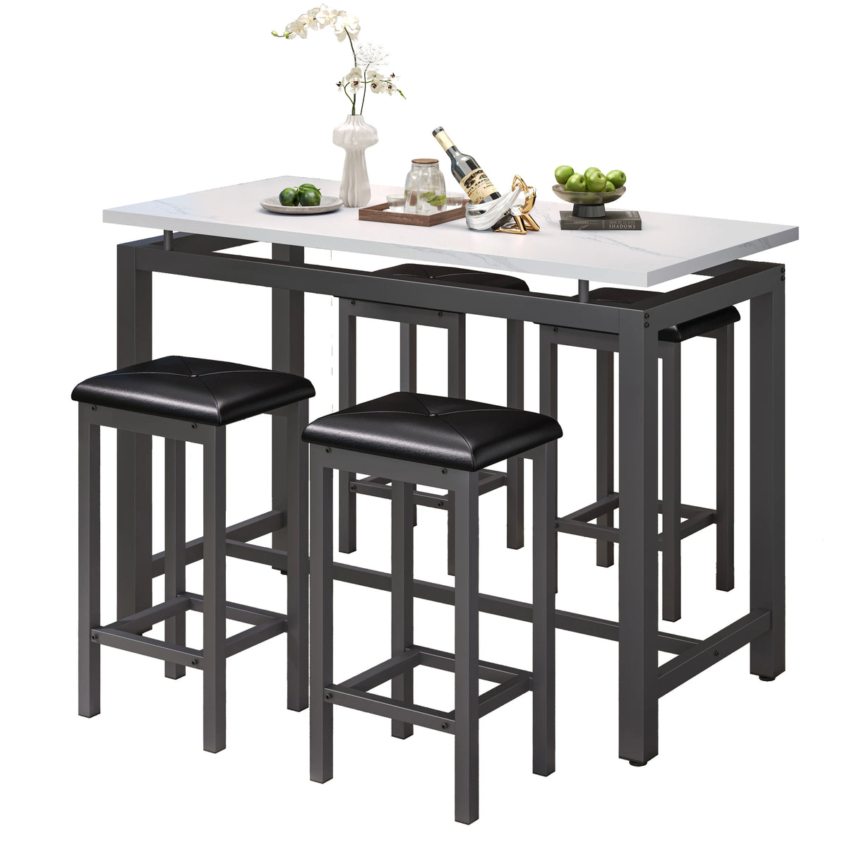 Counter Height Table Set of 5, Breakfast Bar Table and Stool Set, Minimalist Dining Table with Backless Stools, Wood Top Pub Table & Chair Set for Kitchen Apartment Bistro - Space Saving