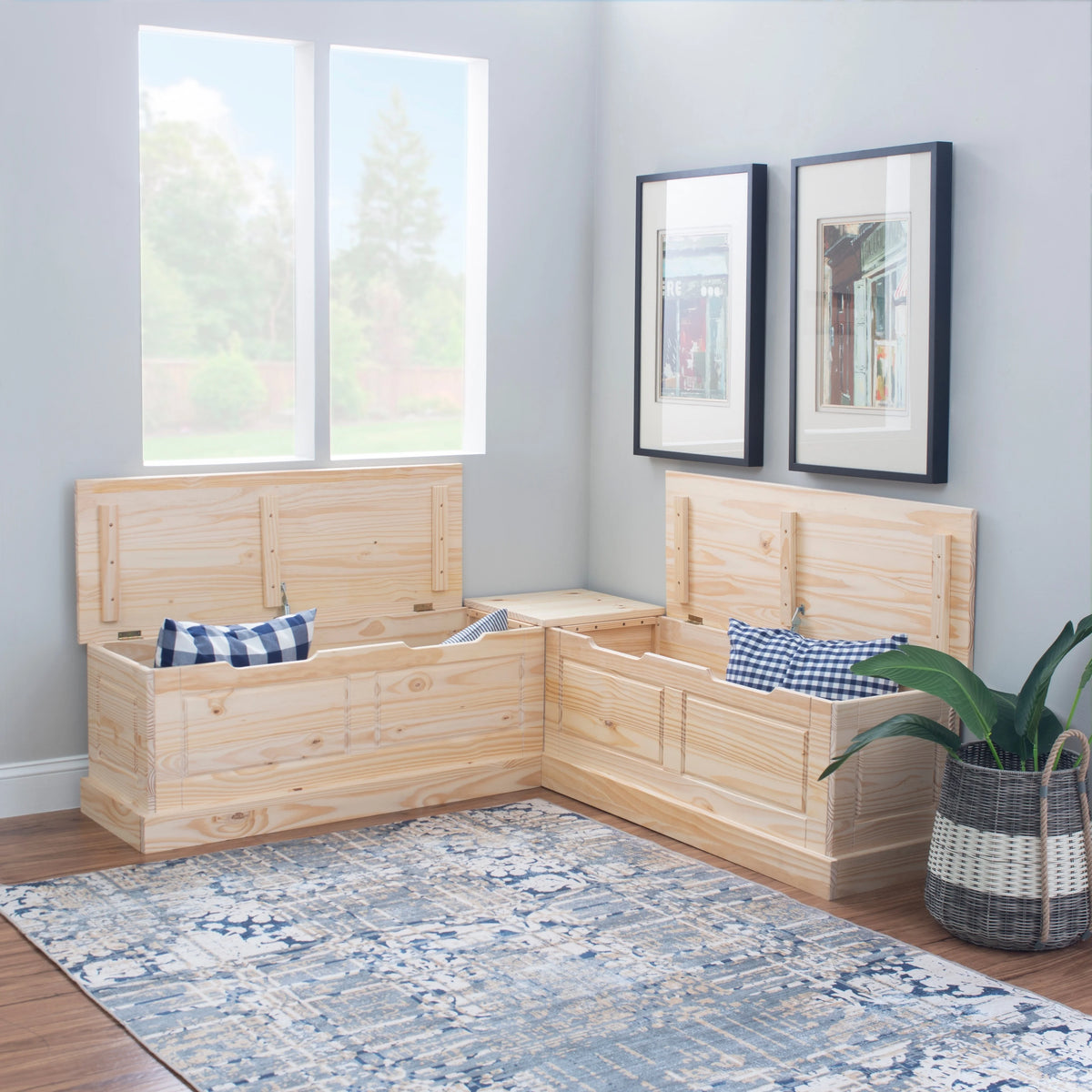Linon Nook Bench Collection L-Shaped Wood Farmhouse Breakfast Bench with Hidden Storage, White