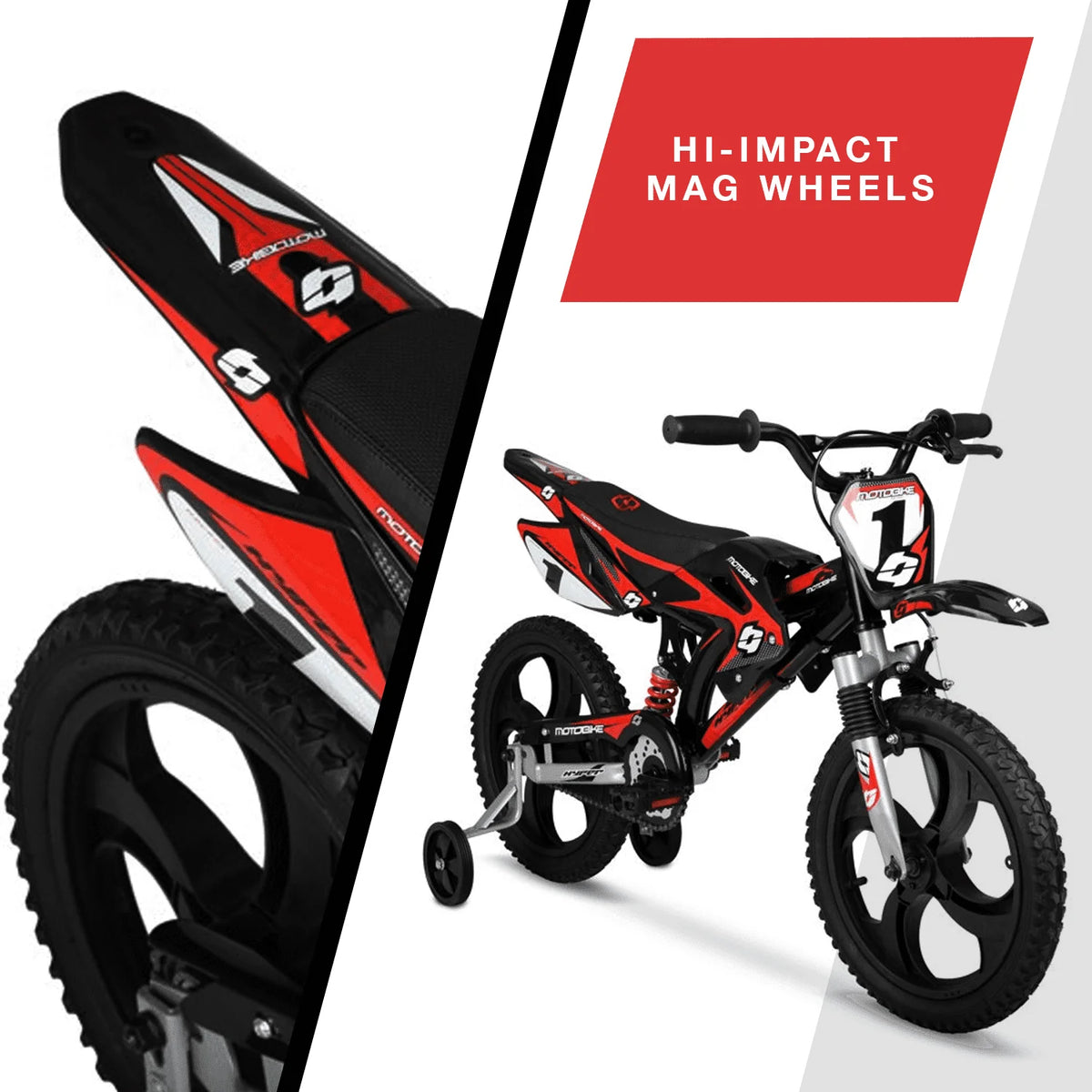 Hyper Bicycles 16" Kids Motobike with Mag Wheels, including training wheels, Black/Red