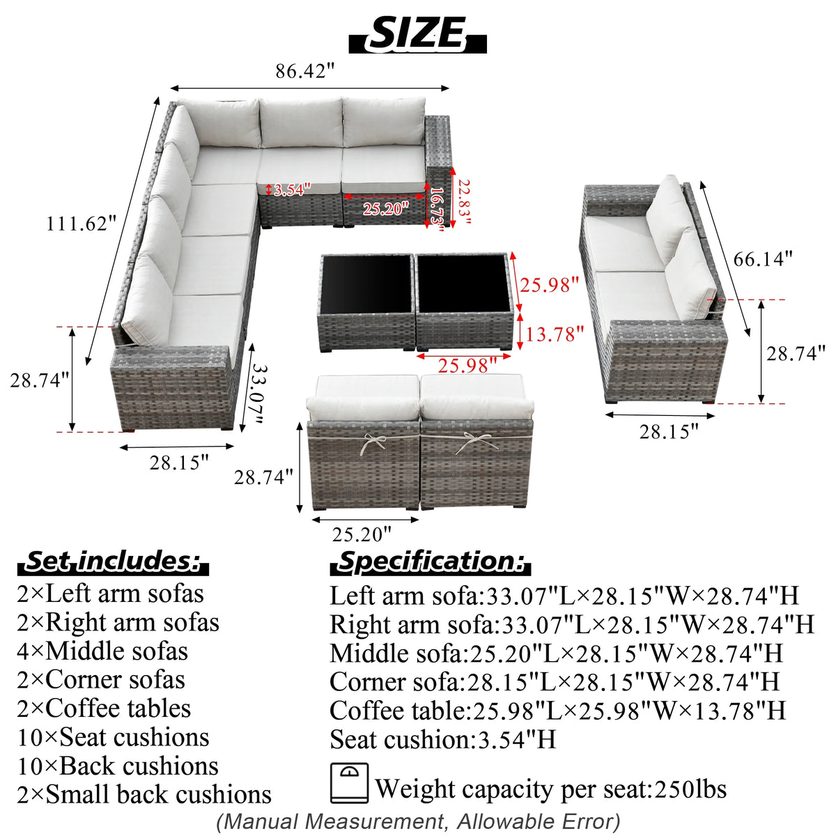 Ovios 12 Pieces Outdoor Furniture All Weather Wicker Patio Conversation Sectional Sofa Set with Side Table for Garden Backyard