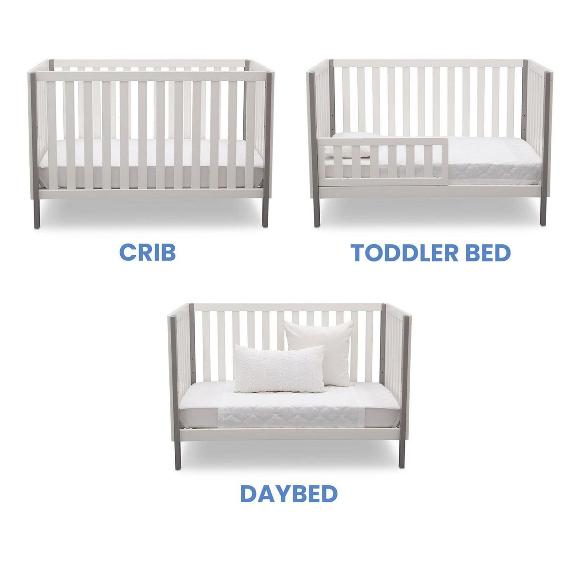 Delta Children Milo 3-in-1 Convertible Crib. Greenguard Gold Certified. Bianca White/Grey
