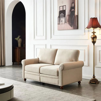 59.5inch Sofa, Modern Upholstered Loveseat with Silver Nailheads, Living Room Couch with Rolled Armrests and Thick Cushion, Beige