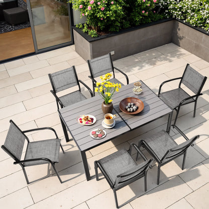 7 Piece Outdoor Dining Set, Patio Dining Table Set for 6 Persons, Garden Patio Textilene Dining Furniture Set with Plastic-Wood Tabletop, Dining Table Chairs Conversation Set for Deck Patio