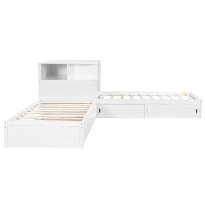 Euroco Pine Wood L-Shaped Twin Platform Bed with Storage Desk, Cabinets, Trundle and LED Light for Kids Teens, Gray