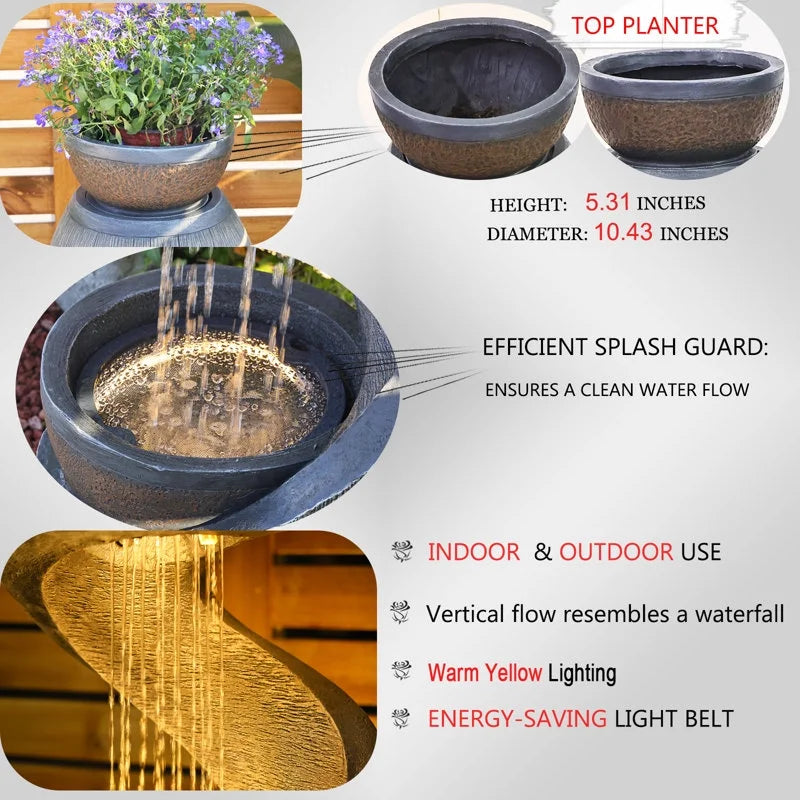 Outdoor Water Fountain Modern Curved Waterfall S-Shaped Freestanding Fountain with Bowl Planter for Patio Deck Garden Yard Home Decor
