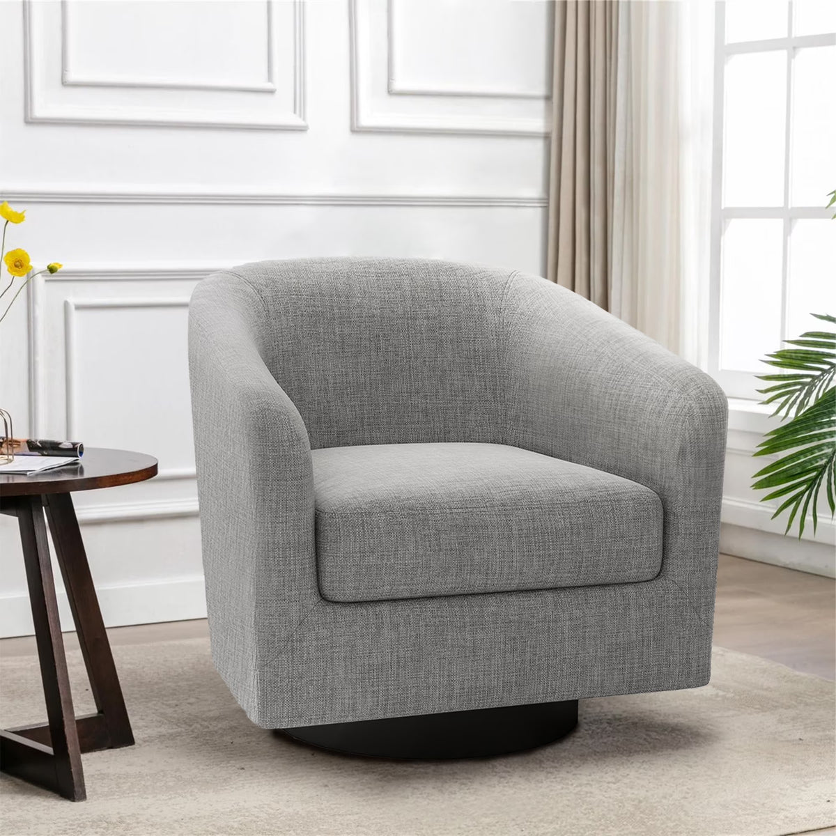 UIXE Swivel Accent Chair, Upholstered Fabric Barrel Chair for Living Room, Small Single Sofa Bedroom Reading Seat, Light Gray