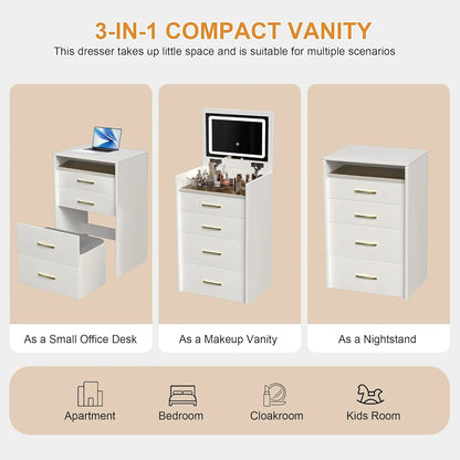 Montary Modern Mini Vanity w/Adjustable LED Mirror + Hidden Storage, Padded Stool & Dustproof Shelves (White)