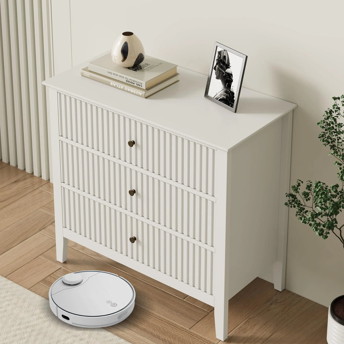 May Color Large White 3 Drawer Dresser Set of 2 with Fluted Panel, Modern Chest of Drawers with Silent Slide Drawers, Wood Accent Nightstand with Storage for Bedroom Living Room, Hallway