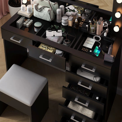 Ktaxon Large Makeup Vanity, Vanity Table Set w/ Visible Glass Top w/ Charging Station, White