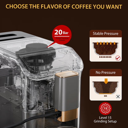 AOILE 20-Bar Dual Boiler Espresso Machine, Self-Cleaning Coffee Maker with Grinder & LCD Touch Panel