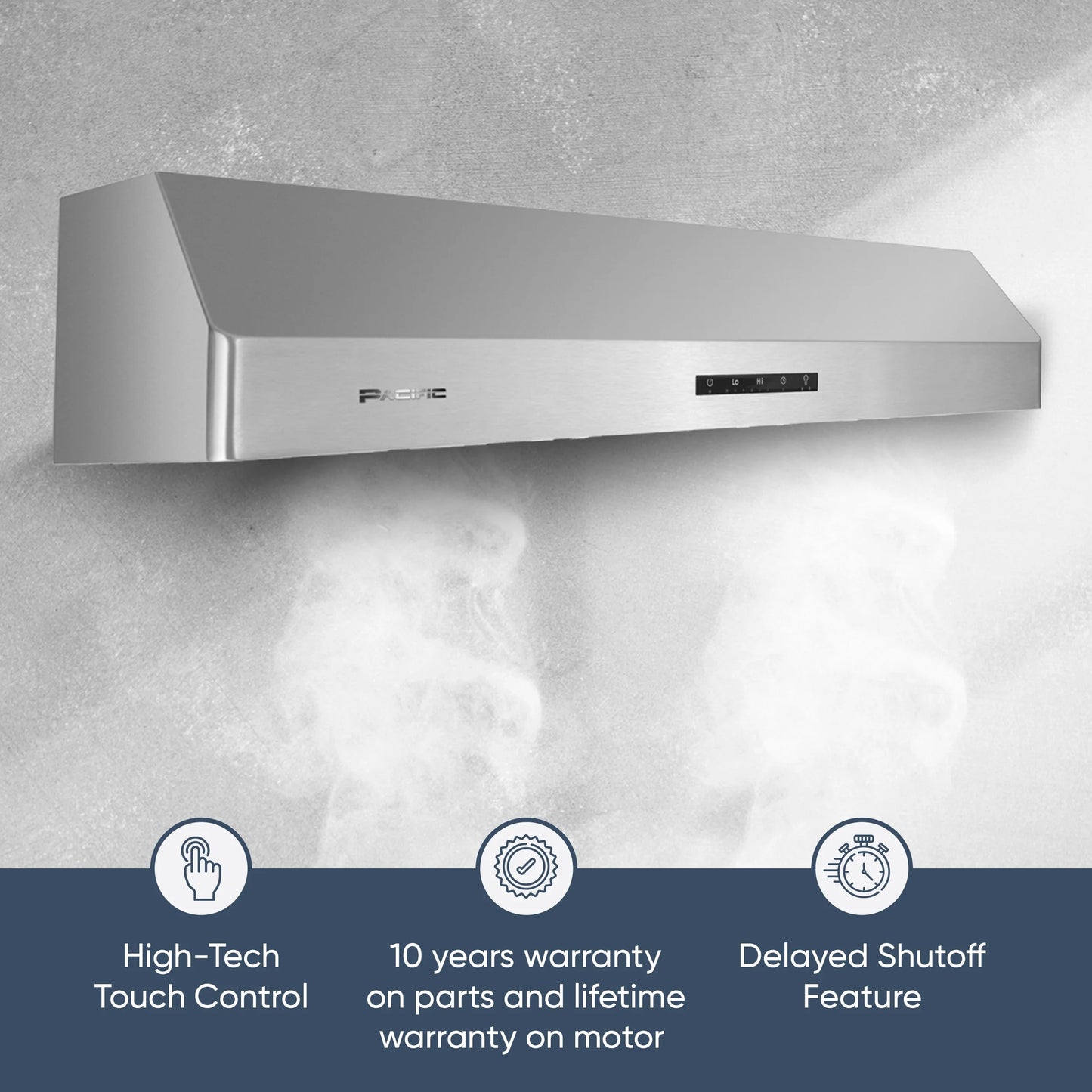 Pacific Economy Pro Under Cabinet Ducted Range Hood 30 inch - 850 CFM 3-Speed Powerful Kitchen Vent Hood - Electric Stainless Steel - Ultra Quiet, Glass Touch Control, 6W LED Lights PR6830AS