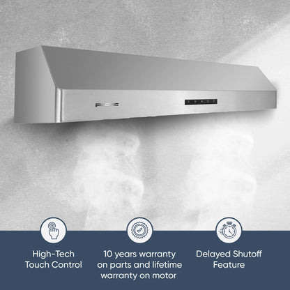 Pacific Economy Pro Under Cabinet Ducted Range Hood 30 inch - 850 CFM 3-Speed Powerful Kitchen Vent Hood - Electric Stainless Steel - Ultra Quiet, Glass Touch Control, 6W LED Lights PR6830AS