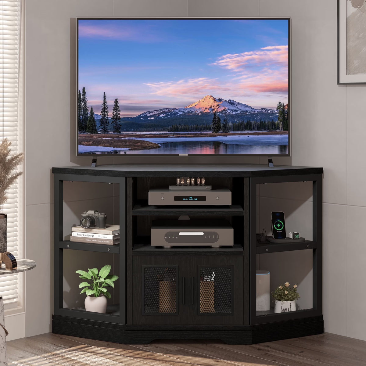 Dextrus Farmhouse Corner TV Stand for TVs up to 55 inch with Power Outlet, Wood Entertainment Center, TV Media Console with Storage, White Oak