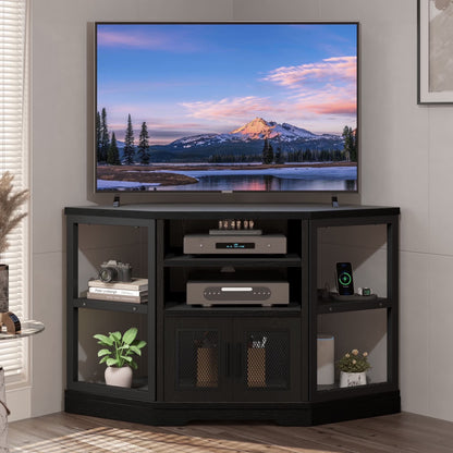Dextrus Farmhouse Corner TV Stand for TVs up to 55 inch with Power Outlet, Wood Entertainment Center, TV Media Console with Storage, White Oak