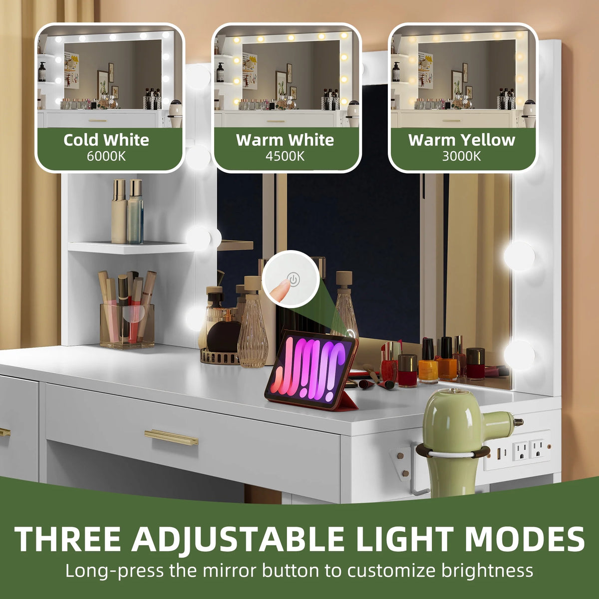 Uforic Makeup Vanity Desk with Mirror & Lights, Vanity Desk with 4 Drawers & Storage Shelves - White