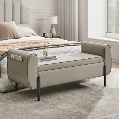 SONGMICS 46.5" Storage Ottoman Bench Storage Bench Bedroom Bench 330lb Load Capacity Solid Wood Legs Light Gray