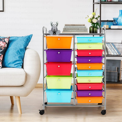 Costway 15 Drawer Rolling Storage Cart Tools Scrapbook Paper Office School Organizer White