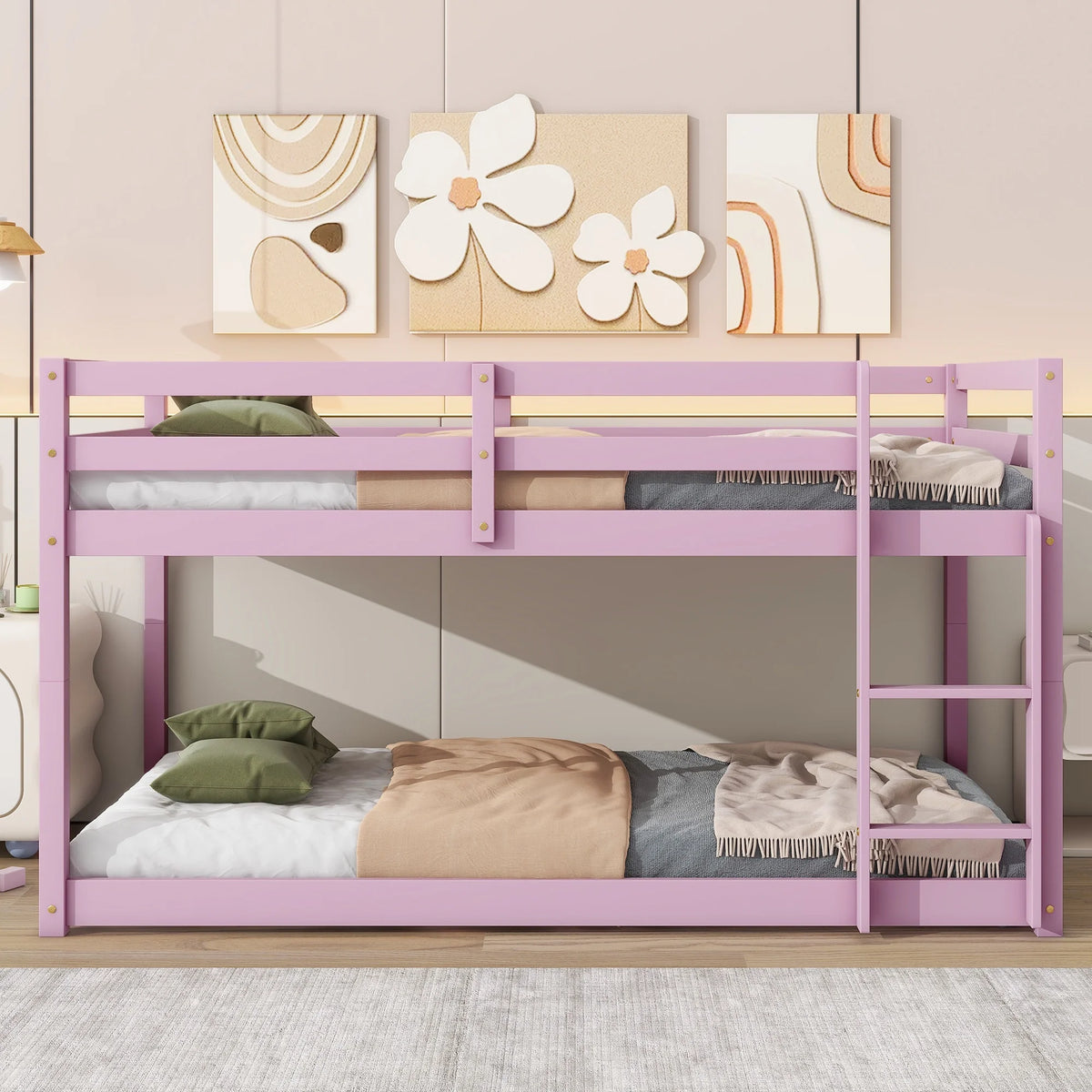 Twin Over Twin Floor Bunk Bed, UHOMEPRO Solid Wood Low Bunk Bed with Safety Rail, Ladder, Heavy Duty Bunk Beds, Space-Saving Bedroom Dorm Furniture, Gray