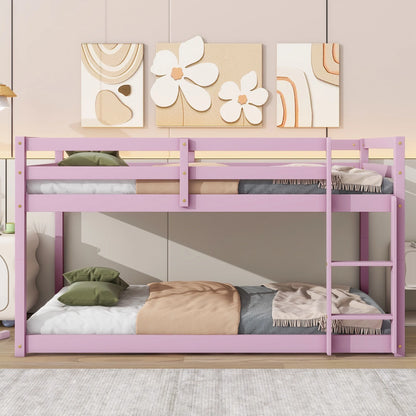 Twin Over Twin Floor Bunk Bed, UHOMEPRO Solid Wood Low Bunk Bed with Safety Rail, Ladder, Heavy Duty Bunk Beds, Space-Saving Bedroom Dorm Furniture, Gray