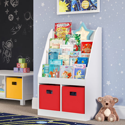 RiverRidge Kid Bookshelf Toy Storage Organizer with 4 Bookracks 2 Cubbies and 2 Gray Bins
