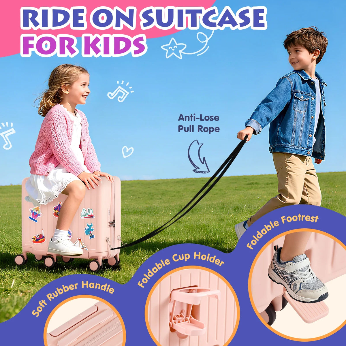 Advwin Ride-On Kids Luggage with Pull Strap, Footrests, Cup Holder, 6 Wheels & Adjustable Handle, 18-Inch Spinner Suitcase with Stickers & Boarding Pass, Pink