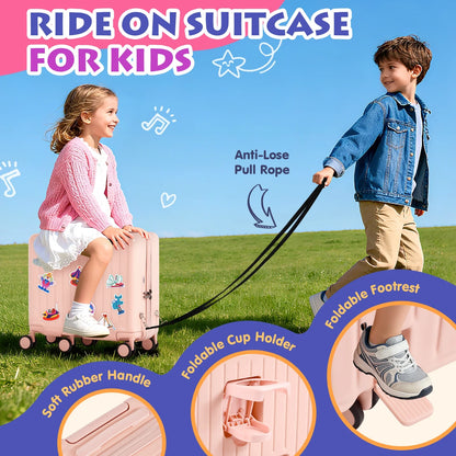 Advwin Ride-On Kids Luggage with Pull Strap, Footrests, Cup Holder, 6 Wheels & Adjustable Handle, 18-Inch Spinner Suitcase with Stickers & Boarding Pass, Pink
