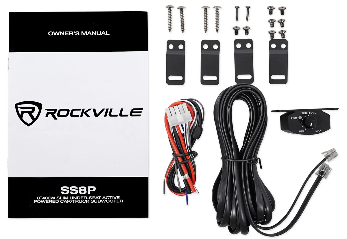 Rockville SS8P 400 Watt Slim Under-Seat Powered Car/Truck Subwoofer Sub+Amp Kit