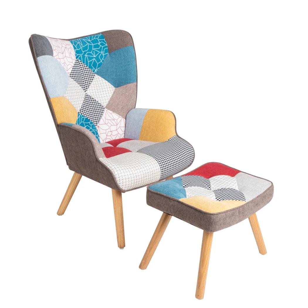 Modern Accent Chair with Solid Wood Legs and High Wing Backrest, Side Chair Set with Ottoman, Comfy Side Armchair for Living Room, Reading Room, Bedroom, Colorful Patchwork