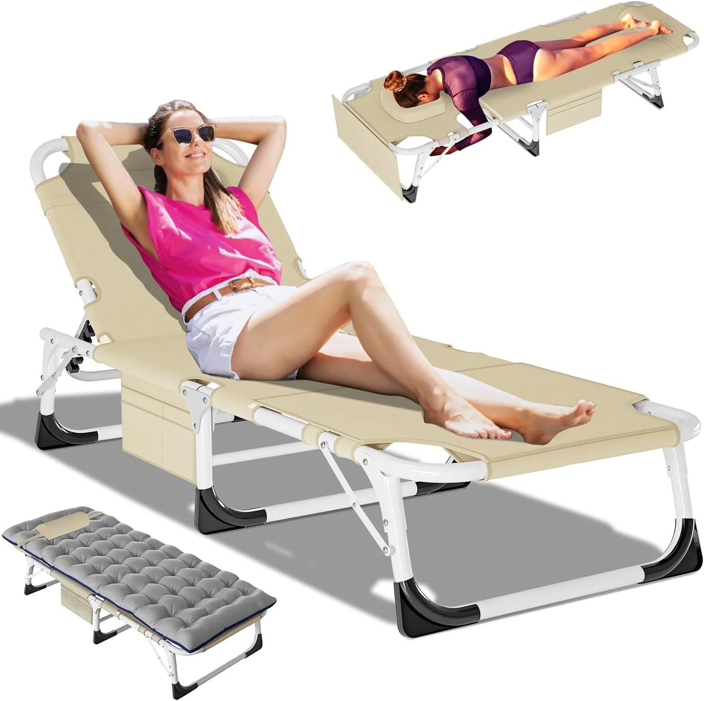 Slsy Folding Lounge Chair, 5-Position Adjustable Outdoor Reclining Chair, Folding Sleeping Bed Cot, Folding Chaise Lounge Chair for Pool Beach Patio Sunbathing