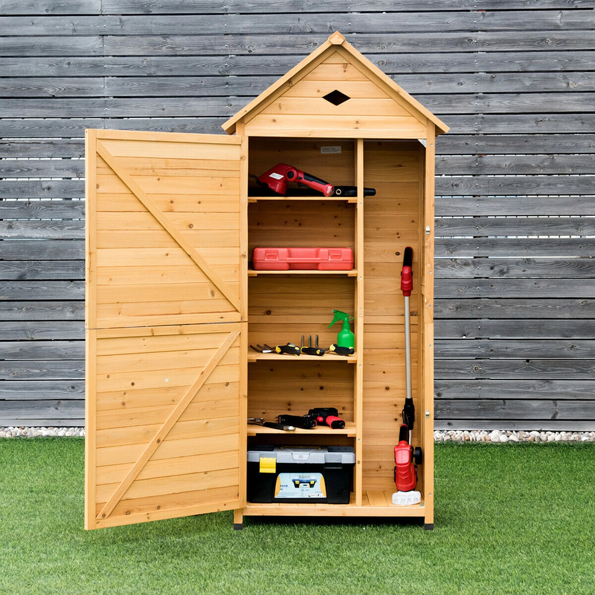 Gymax Outdoor Storage Shed Lockable Wooden Garden Tool Storage Cabinet W/ Shelves