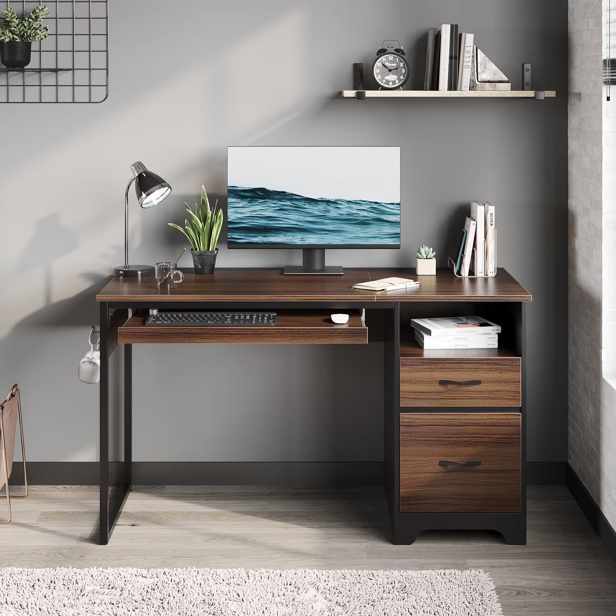 Bestier 55 Inch Office Desk with Drawers, Keyboard Tray, 2 Hooks, Modern Fluted Computer Desk for Home, Grey