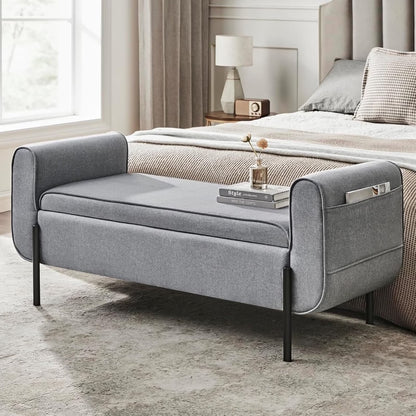 SONGMICS 46.5" Storage Ottoman Bench Storage Bench Bedroom Bench 330lb Load Capacity Solid Wood Legs Light Gray
