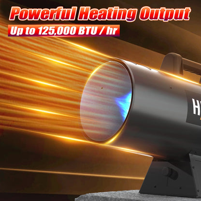 125,000 BTU Forced Air Propane Heater, Adjustable Portable Torpedo Heater for Garage, Jobsite and Construction Sites - 10ft Hose