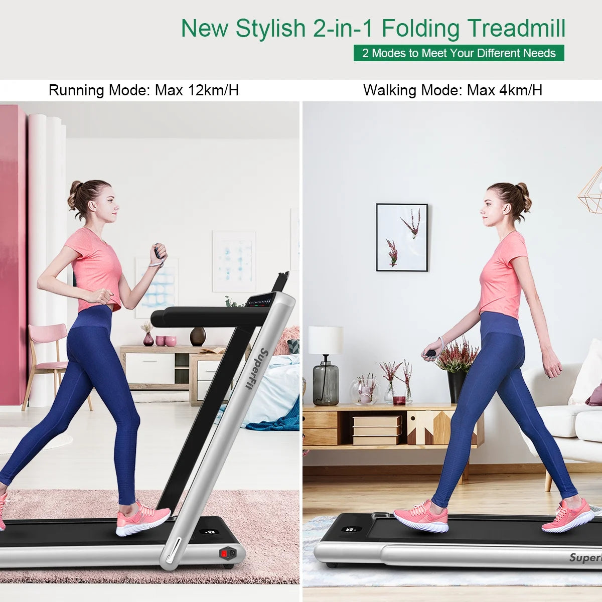 Gymax 2 in 1 Folding Treadmill 2.25HP Running Machine w/ Dual Display APP Control Black