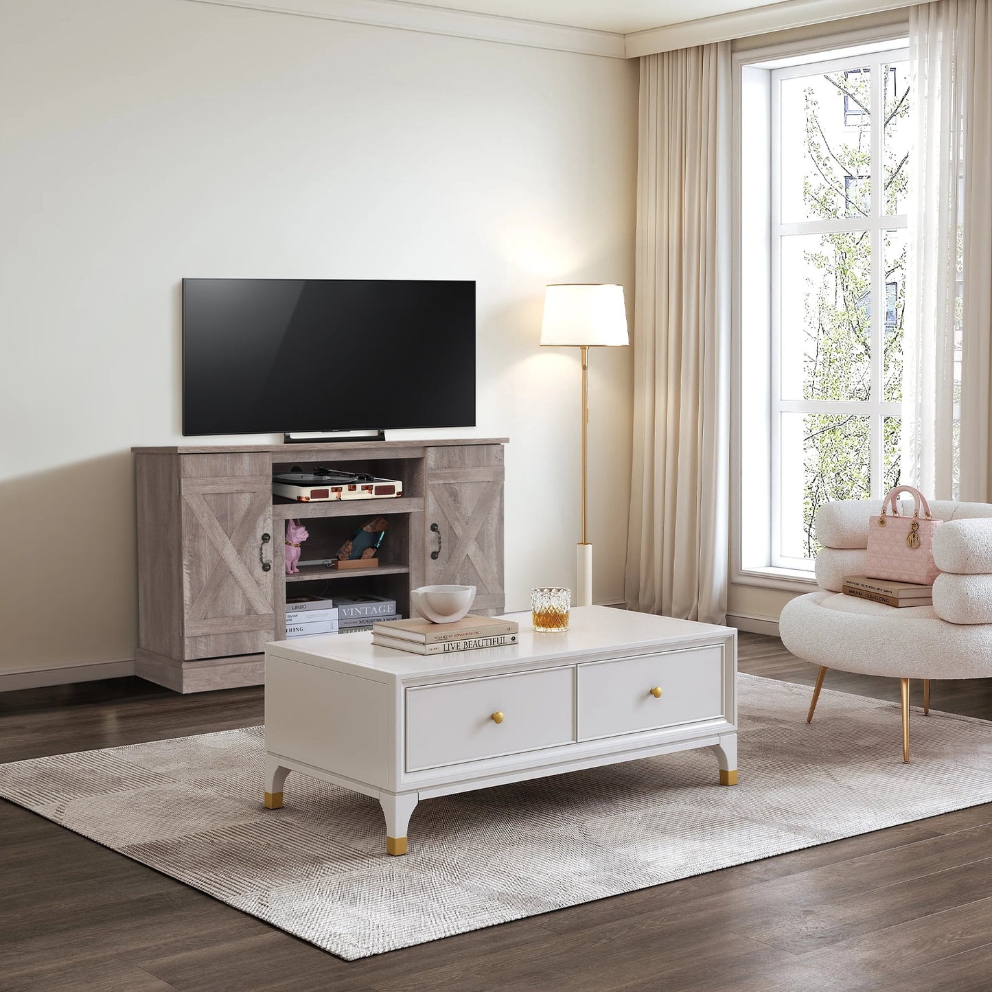 TV Stand for 65 Inch TV, Entertainment Center with Two Glass Barn Doors and Storage Cabinet Table, Farmhouse Style Media Console Table for Living Room(Coffee)