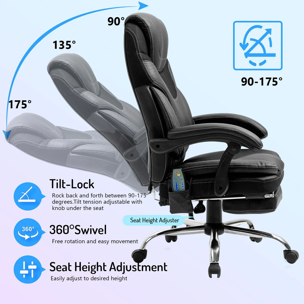 Massage Office Chair, Reclining Office Chair with Footrest, Ergonomic Office Chair with Lumbar Support, High Back Executive Office Chair, Height and Armrest Adjustable, 300lb Capacity