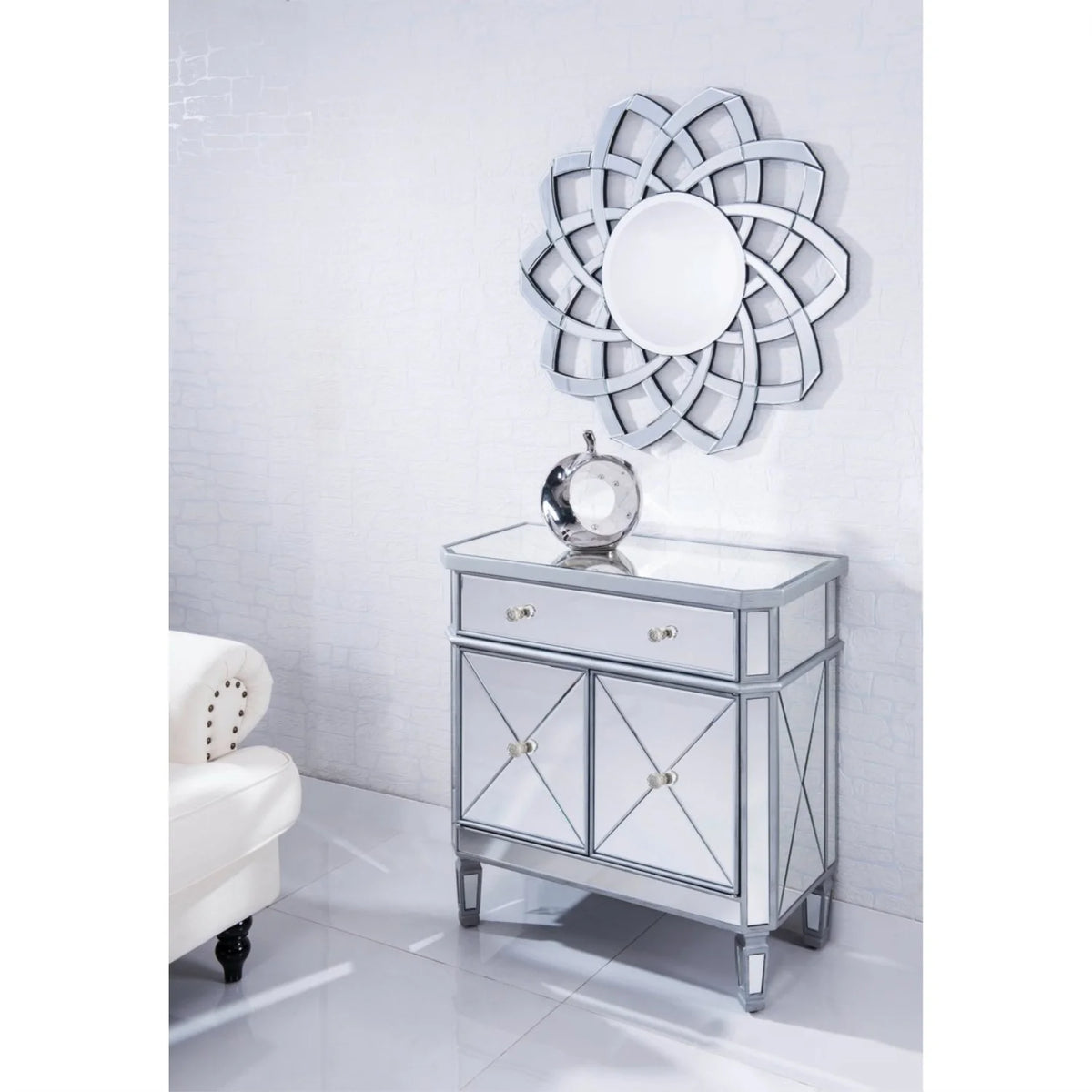 Elegant Lighting Side Cabinet Contemporary Silver Clear Brushed Steel Mirror Solid Wood Mirrors