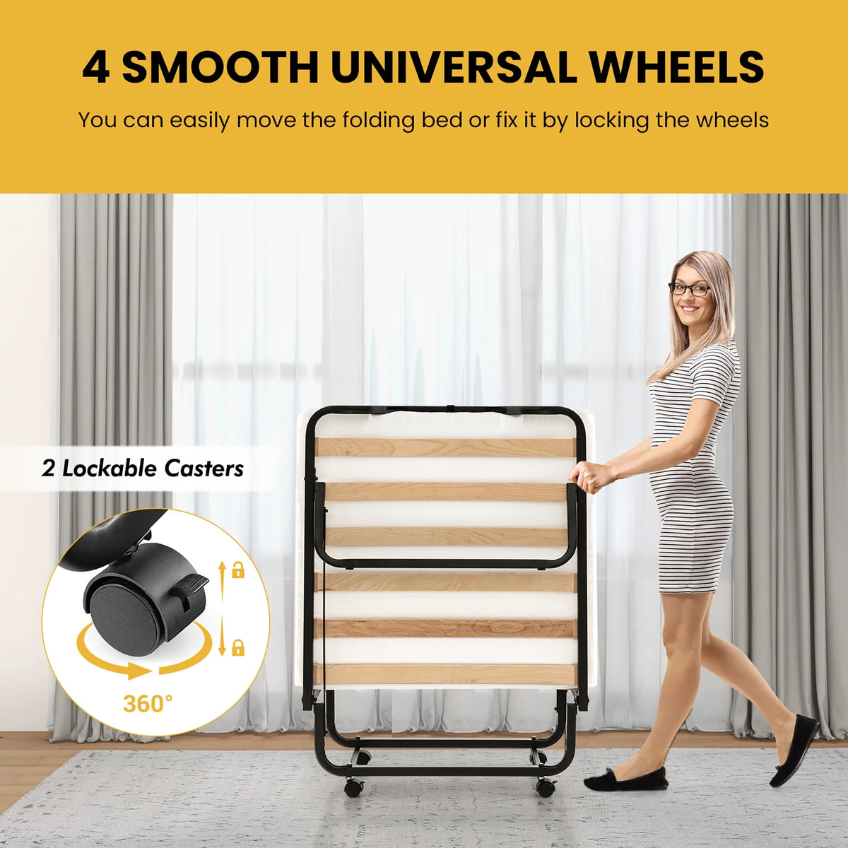 Gymax Portable Foldable Guest Bed w/ Solid Wood Slats & Metal Frame Rollaway Bed for Adults w/ Wheel