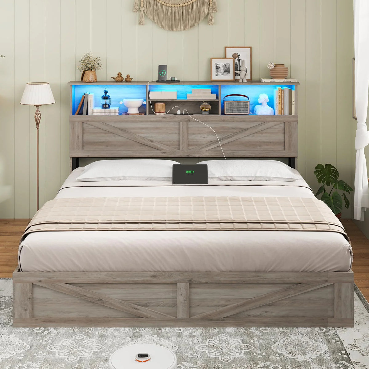Twin Bed Frame with 4 Storage Drawers and Charging Station, Farmhouse Wooden Led Twin Bed with Storage Hidden Space Headboard and Metal Slats, Gray
